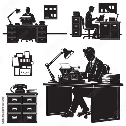 Writer or Clerk Working on Typewriter - Old Fashioned Office