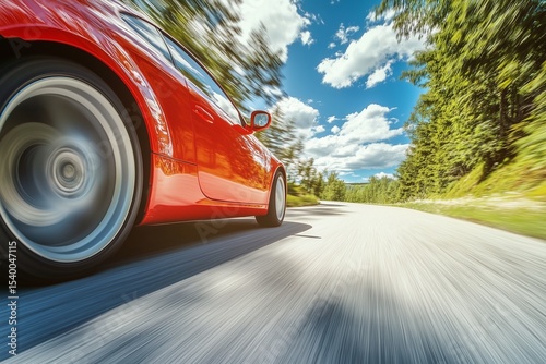 Speeding through a wooded road in a red sports car on a sunny afternoon