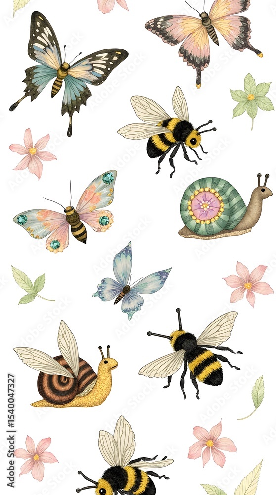 Fototapeta premium Whimsical Insect and Floral Pattern
