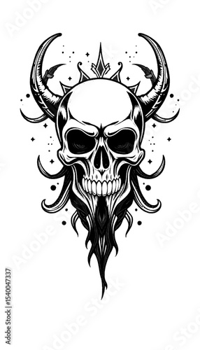 A demonic skull with ornate horns, a fiery mane, and cosmic dust, high detailed sketch art