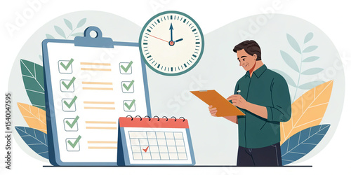 Artistic Arrangement of Checklist, Calendar and Clock Representing Daily Productivity