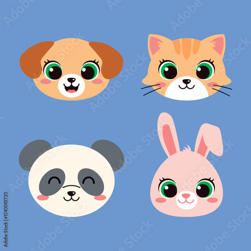 Cute Cartoon Kawaii Animal Faces Puppy Kitten Panda and Bunny. Vector