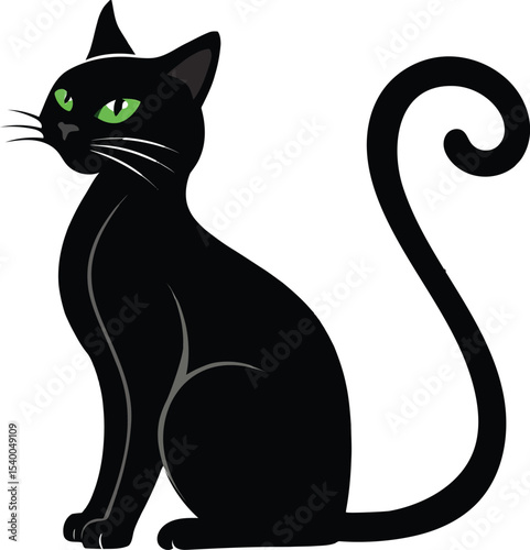 Elegant black cat sitting with curled tail