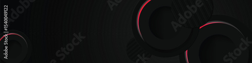 Abstract black geometric horizontal banner background with red neon light decoration design
