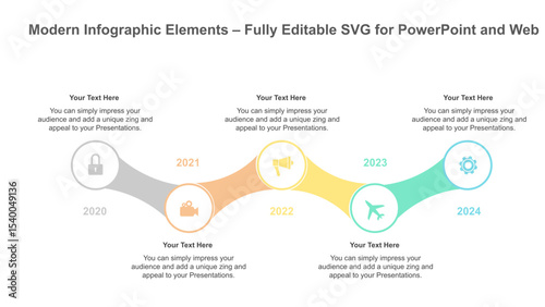 Colorful Timeline Infographic with Yearly Milestones – Editable Vector for PowerPoint. Fully editable vector SVG file compatible with PowerPoint, Illustrator, and most vector-based applications.