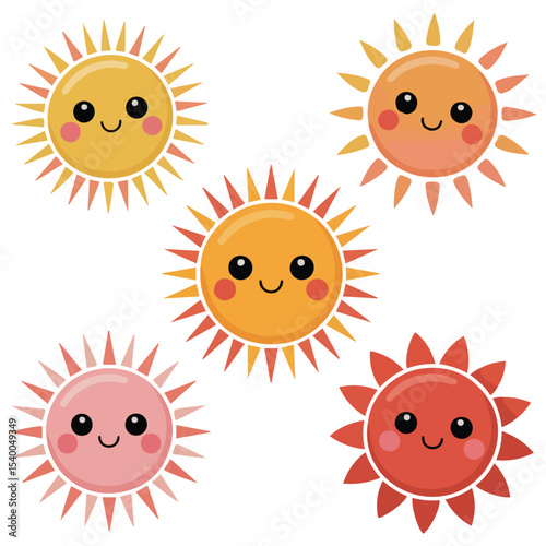 Smiling sun emoticons set vector isolated white background