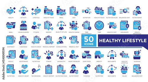 Healthy lifestyle icon solid two color set collection. This set includes diet, nutrition plan, nutritionist, fitness, salad and more icons in solid style. Vector icons collection for infographics