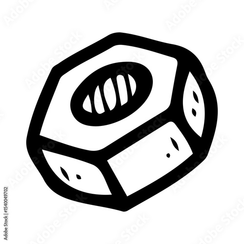 Nut for screwing onto a bolt. Hand drawn doodle vector. Metal part for work in a handyman workshop. Illustration line art element.