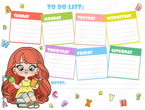 To do list for writing plans for the week with a cute cartoon schoolgirl in yellow dress with textbooks and green apple