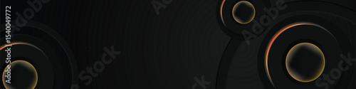 Abstract black circle dimensional horizontal banner background with orange neon light design