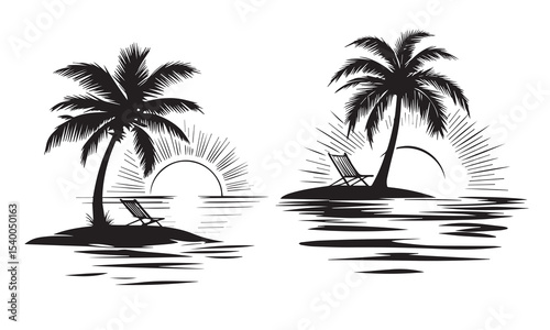 tropical beach retro poster palm trees mountains sunset vector
