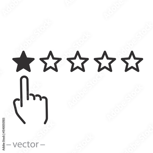 rating one star icon, negative review, five stars with mouse cursor, bad feedback customer, line symbol on white background - editable stroke vector illustration eps10