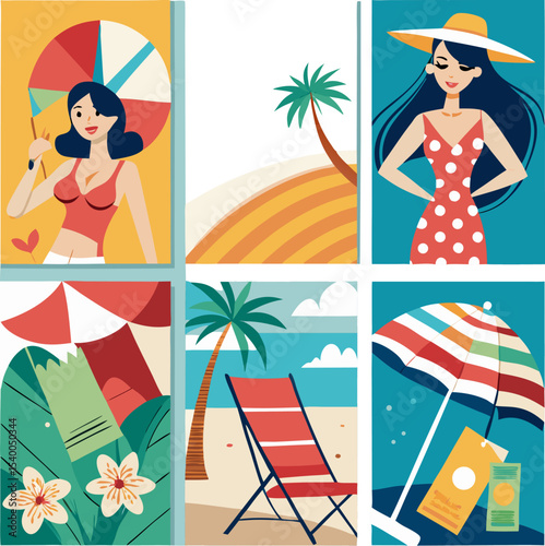 Collection of cute summer posters, cards templates with portrait of a beautiful woman, beach chairs on the seashore and umbrellas against the sky. 