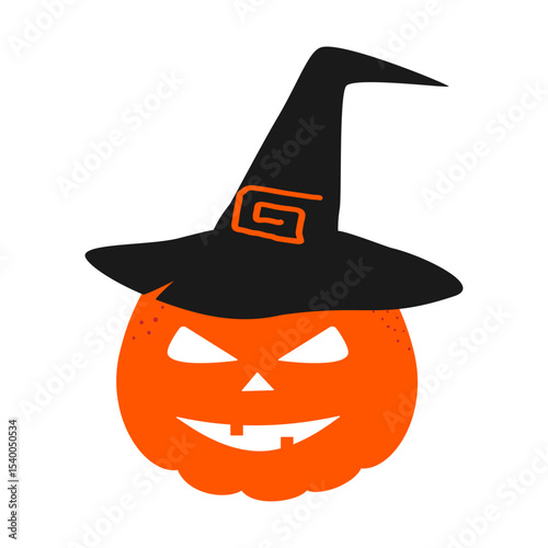 Hand Drawn Halloween Pumpkin in witch hat with decorative buckle Halloween Greetings Cute Character