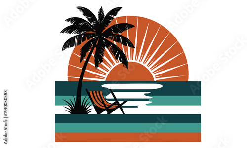 tropical beach retro poster palm trees mountains sunset vector