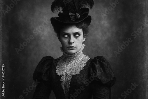 Eerie monochrome vintage portrait of a woman in Victorian attire with disturbing blank white eyes. Gothic, unsettling, horror atmosphere. Dark and mysterious.
