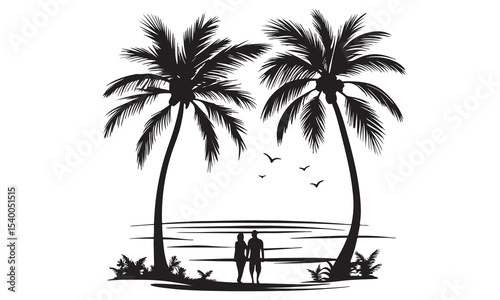 tropical beach retro poster palm trees mountains sunset vector