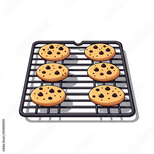 Illustration of Six Chocolate Chip Cookies on a Black Cooling Rack, Freshly Baked and Ready to Eat