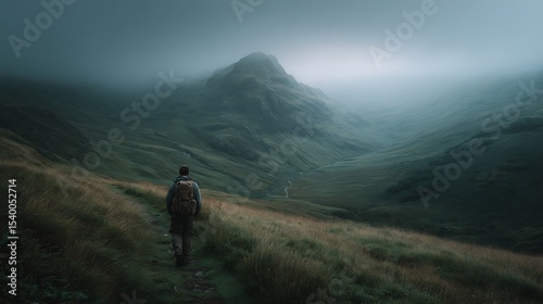 Hiker walking misty valley