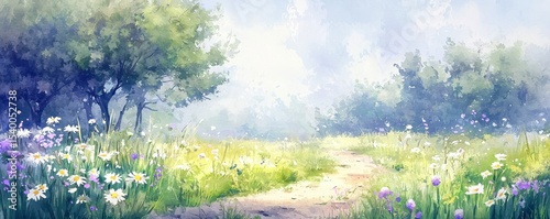 A serene watercolor landscape depicting a sunny meadow with blooming wildflowers and lush trees under a bright sky.