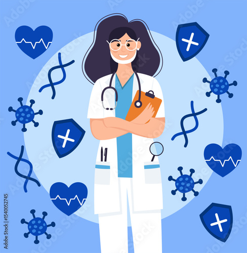 Illustration of a female doctor on a blue background.