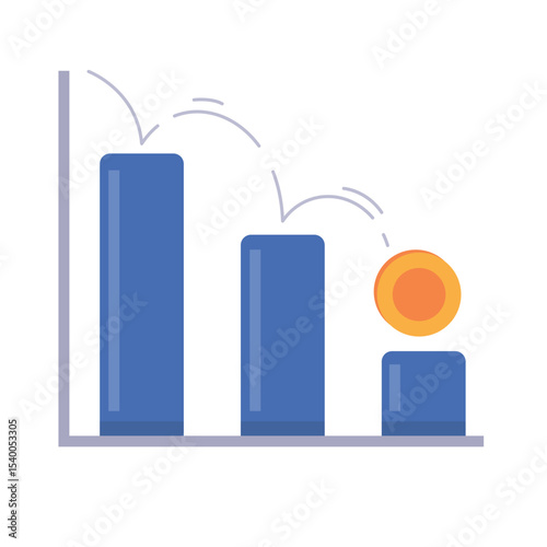 Minimalist Vector Illustration of a Declining Bar Chart with Bouncing Coin Indicating Economic Downturn