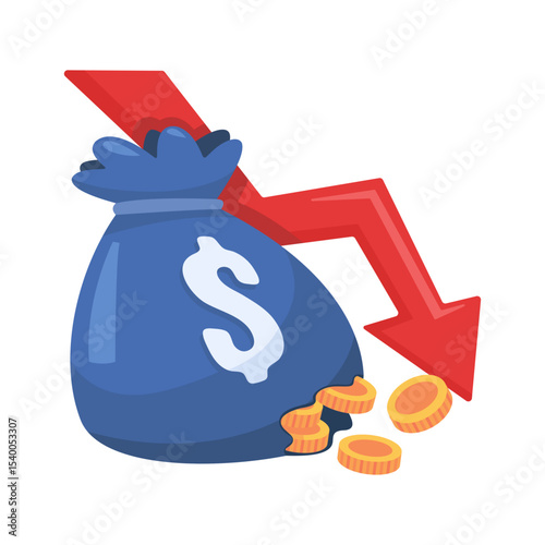 Financial Crisis Concept with Money Bag, Falling Coins, and Downward Arrow Indicating Economic Decline