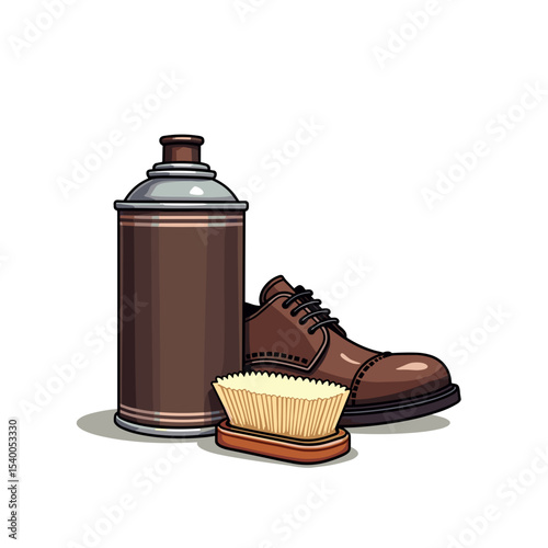 Illustration of a Brown Leather Shoe with Shoe Polish and Brush for Cleaning and Maintenance