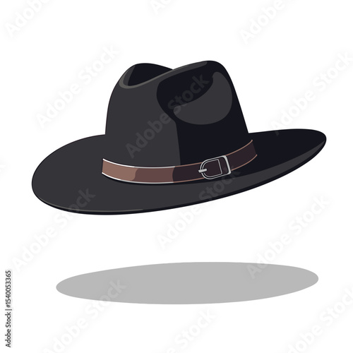 Stylish Black Fedora Hat with Brown Band and Silver Buckle, Fashionable Headwear Illustration