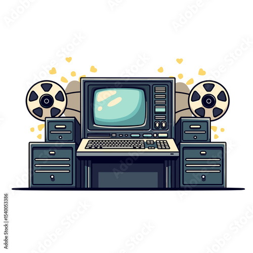 Retro Computer Setup with Reel-to-Reel Tape Decks and Speakers, a Vintage Technology Illustration