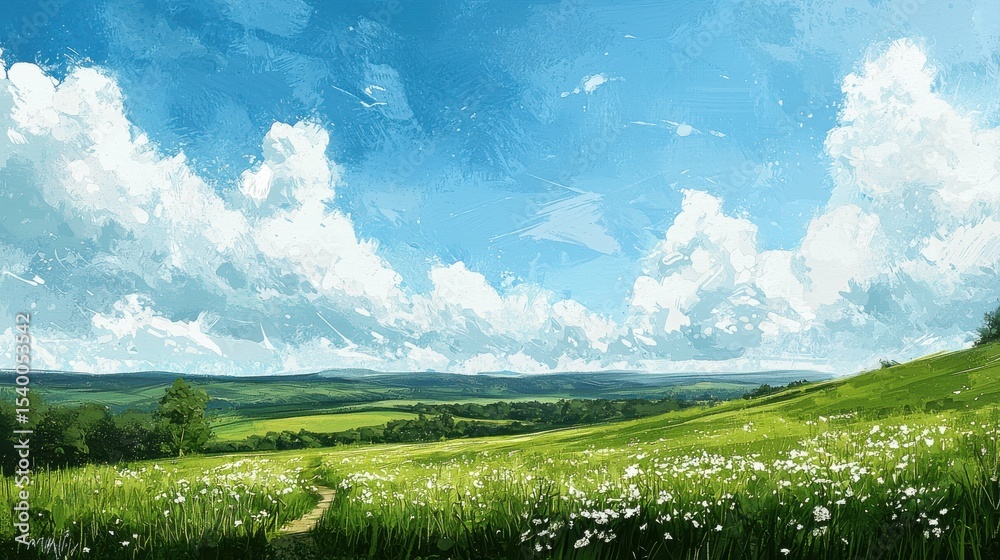 Fototapeta premium A bright, scenic landscape featuring a vast green field with wildflowers, rolling hills, and a vibrant blue sky dotted with fluffy white clouds.