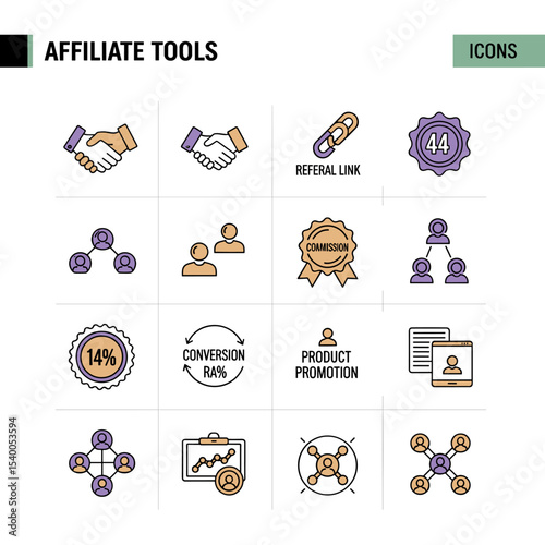Affiliate Tools Icons: A collection of diverse and vibrant icons representing the key elements of affiliate marketing, perfectly designed to enhance visual communication and aid user understanding.