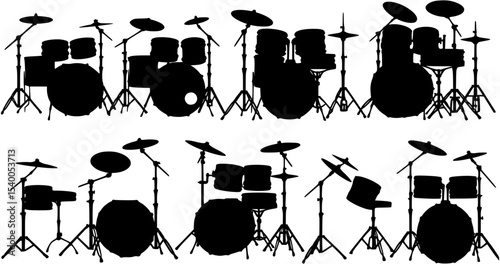 Drum silhouettes set, music pack of vector silhouette design, isolated background
