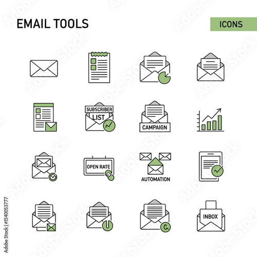 Email tools icons : a collection of clean, minimalistic icons representing various email tools and functions, presented in a clean and organized arrangement.