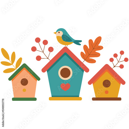 Autumn birdhouse with leaves vector isolated white background
