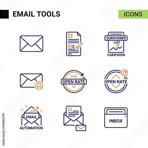 Email Tools Icons: Clean, modern, and minimalist icons depict key email tools, highlighting the essence of online communication and digital correspondence, suitable for web and application designs.