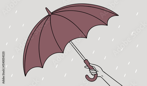 human hand holding an open maroon umbrella, a rain protection 