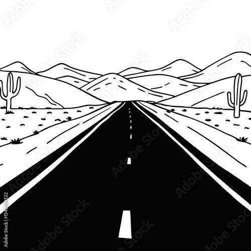 Desert Road Landscape Vector Illustration Black and White Graphic