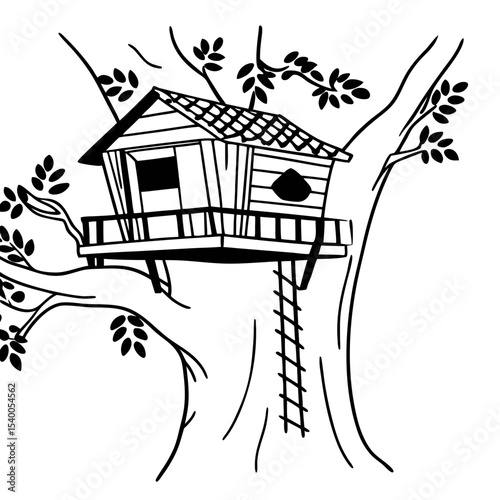 Treehouse Vector Illustration Black and White Tree House Graphic
