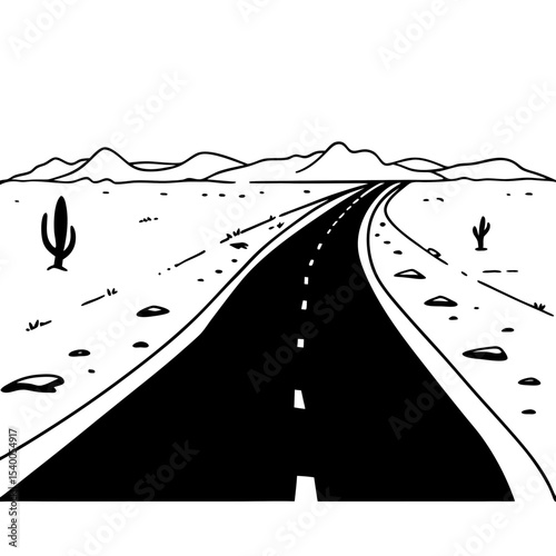 Desert Road Landscape Vector Illustration Black and White