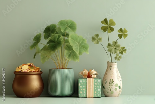 Ornamental components with clovers, a present box, and a pot of gold money against a green backdrop. Generative Ai