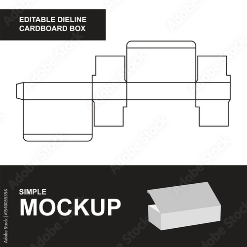 Dieline Template, Box Dieline, Editable Cardboard Box Dieline Template with Mockup – Folding Packaging Layout Vector for Product Design