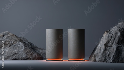 Gray cylindrical podiums, illuminated by orange light,  with rocks