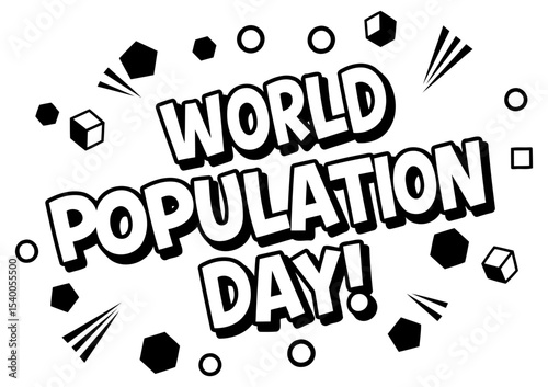 World Population Day graphic with no people or demographic details in a comic book style. Bold. stylized text proclaiming World Population Day with graphic elements scattered around the text.