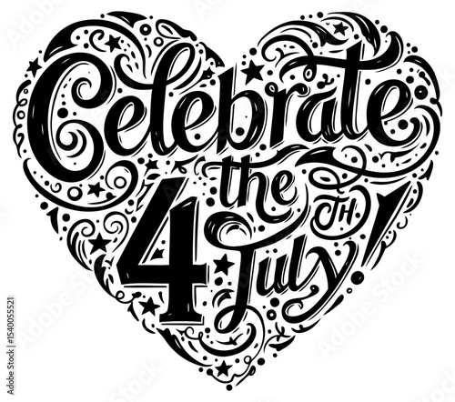 Celebrate the 4th of July heart graphic design. Decorative. stylized text art in a heart shape. Design for print or web use. Graphic designer. freelance. USA -