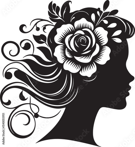 Elegant woman silhouette with floral hair arrangement – ideal for salon branding, feminine logos, nature-inspired art, and decorative vector projects.

