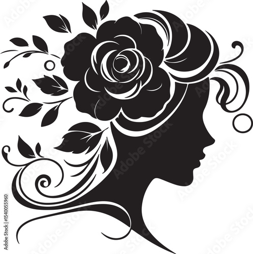 Elegant woman silhouette with floral hair arrangement – ideal for salon branding, feminine logos, nature-inspired art, and decorative vector projects.

