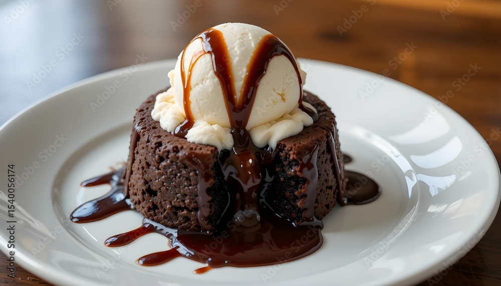 Small round chocolate lava cake with vanilla ice cream on top, drizzled in fudge sauce and melting into the center of its white plate Small round chocolate lava cake with vanilla ice cream on top, drizzled in fudge sauce and melting into the center of its white plate