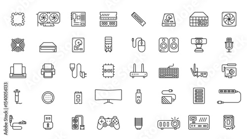 set Computer Hardware And Accessories Icons, Processor, Graphics Card, Motherboard, RAM, Hard Drive, Solid State Drive, Power Supply Unit, vector in outline, collection of pictograms.