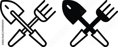 Minimalist Gardening Tools Icon – Crossed Shovel and Rake Line Art in Black and White